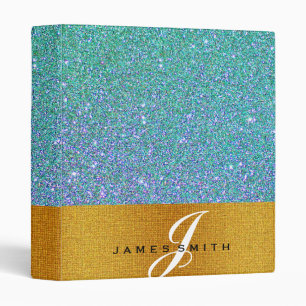 Personalized Blue and Gold Faux Confetti Glitter Binder