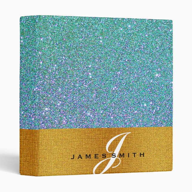 Personalized Blue and Gold Faux Confetti Glitter Binder (Front/Spine)