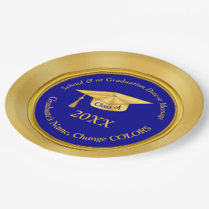 Personalized Blue and Gold Graduation Paper Plates