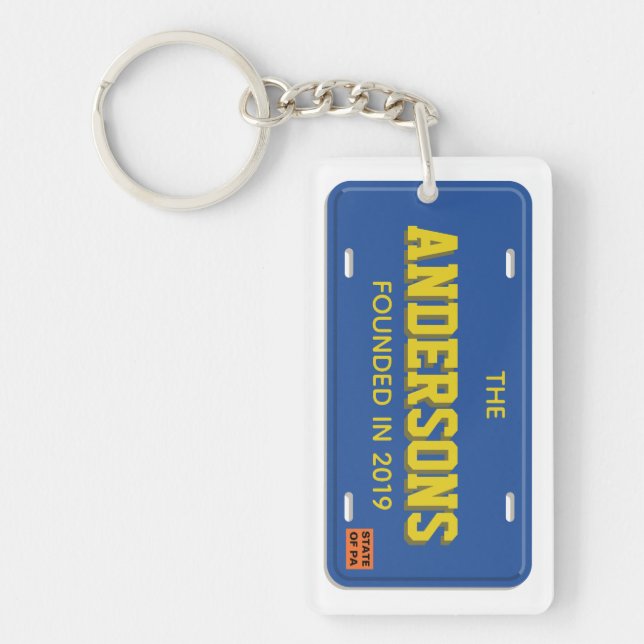 Personalized Blue and Gold License Plate Keychain (Front)