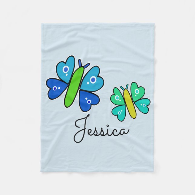 Personalized Blue and Green Butterfly Fleece Blanket (Front)