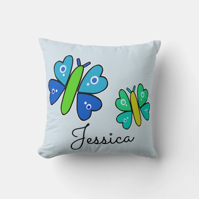 Personalized Blue and Green Butterfly Throw Pillow (Front)