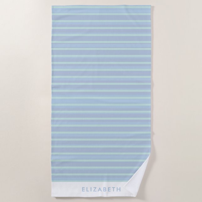 Personalized Blue and Green Striped Beach Towel (Front)
