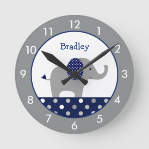 Personalized Blue and Grey Elephant Nursery Round  Clock