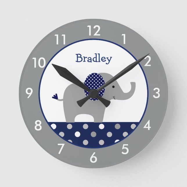 Personalized Blue and Grey Elephant Nursery Round  Clock (Front)