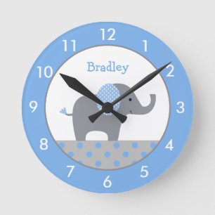 Personalized Blue and Grey Elephant Nursery Round  Clock