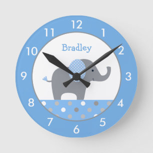 Personalized Blue and Grey Elephant Nursery Round  Clock