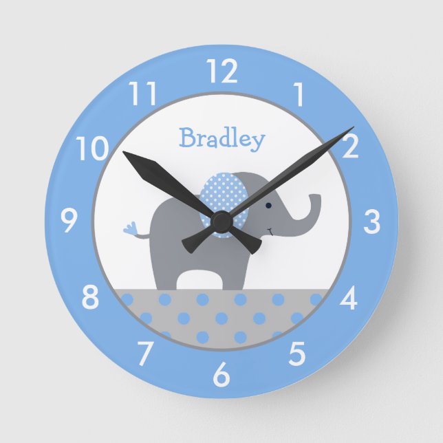 Personalized Blue and Grey Elephant Nursery Round  Round Clock (Front)