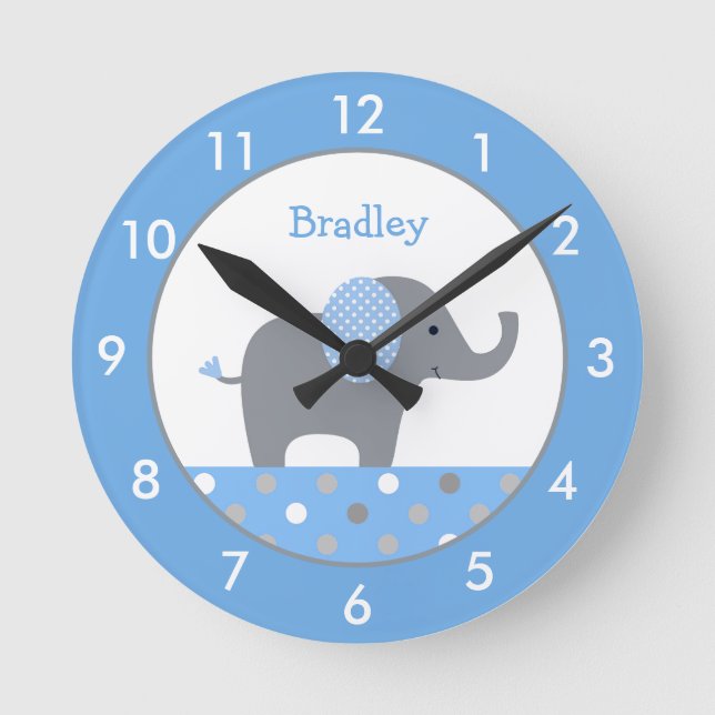 Personalized Blue and Grey Elephant Nursery Round  Round Clock (Front)