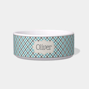 Personalized Blue and Grey Plaid Pet Bowl