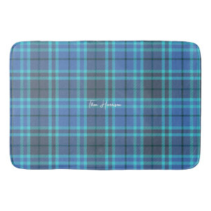 Personalized blue and grey preppy plaid tartan  bath mat