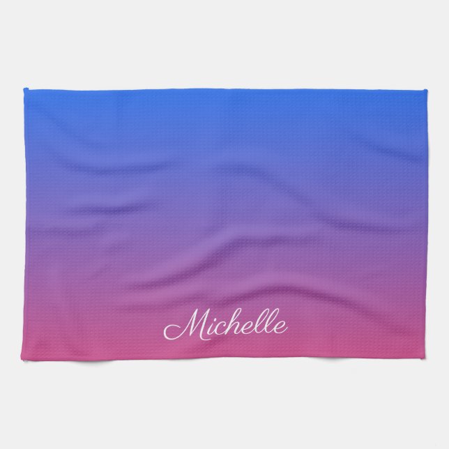 Personalized blue and pink ombre gradient kitchen towel (Horizontal)