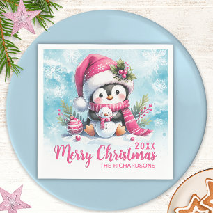 Personalized Blue and Pink Penguin Merry Christmas Napkin
