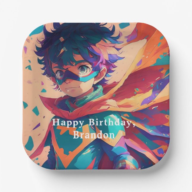 Personalized Blue and Red Anime Superhero Boy  Paper Plate (Front)