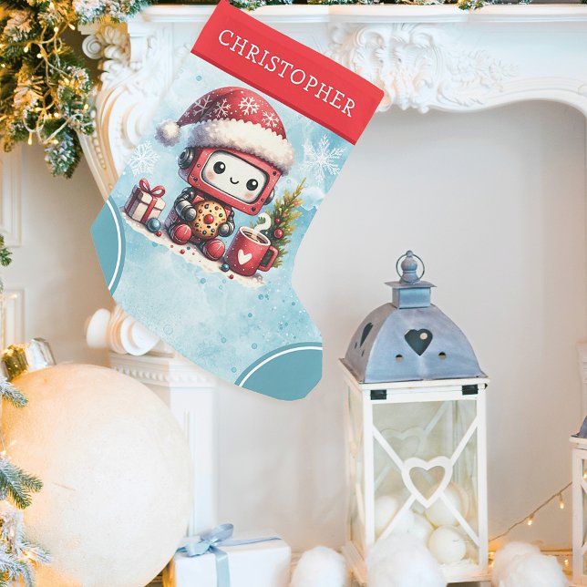Personalized Blue and Red Cute Robot Small Christmas Stocking (Creator Uploaded)
