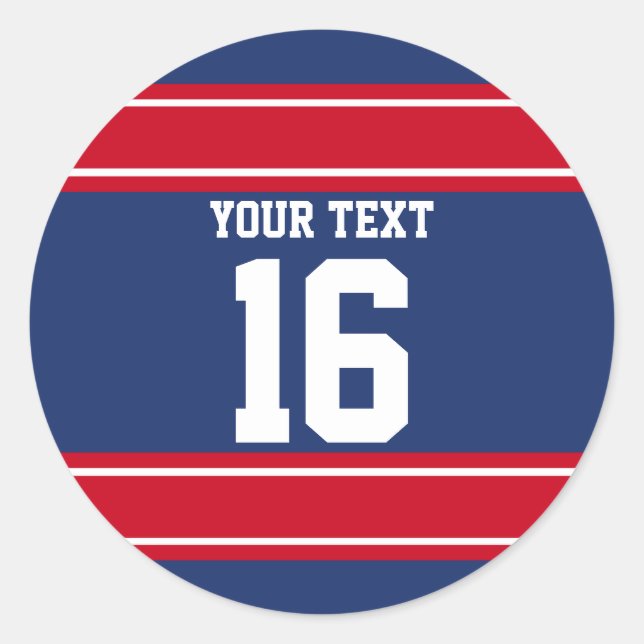 Personalized Blue and Red Sports Stripes Classic Round Sticker (Front)