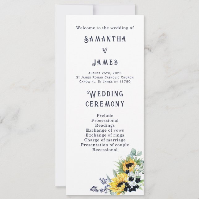 Personalized Blue and Sunflower Wedding Program (Front)