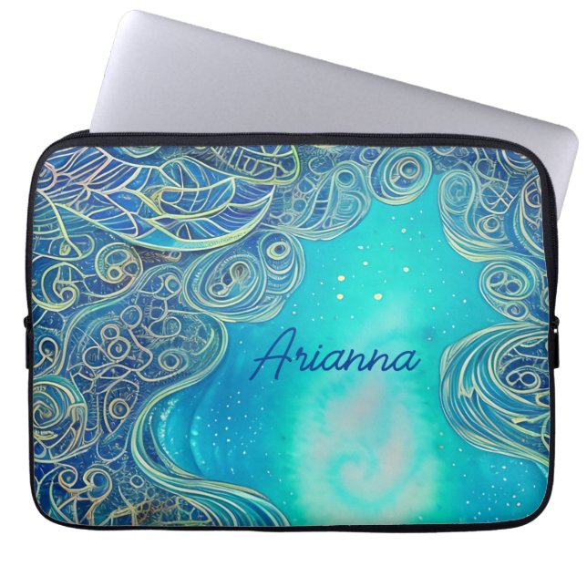 Personalized Blue and Teal Abstract Art Laptop Sleeve (Front)