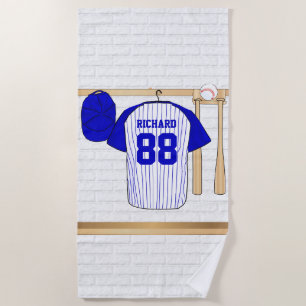 Personalized Blue and White Baseball Jersey Beach Towel