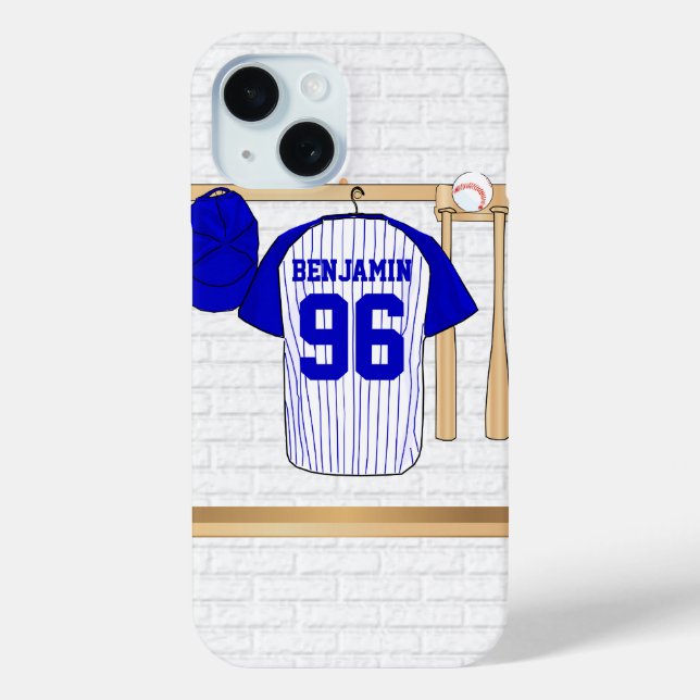 Personalized Blue and White Baseball Jersey Case-Mate iPhone Case (Back)
