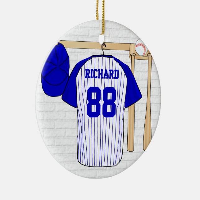 Personalized Blue and White Baseball Jersey Ceramic Ornament (Right)