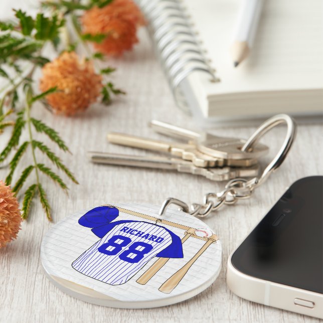 Personalized Blue and White Baseball Jersey Keychain (Front Right)