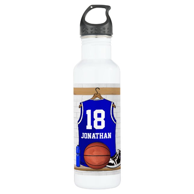 Personalized Blue and White Basketball Jersey 710 Ml Water Bottle (Front)