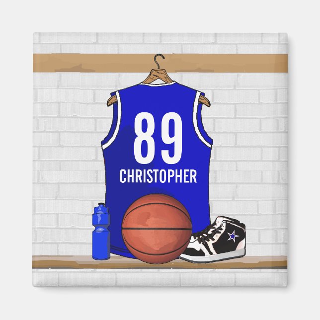Personalized Blue and White Basketball Jersey Magnet (Front)