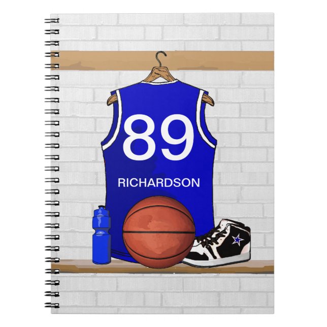 Personalized Blue and White Basketball Jersey Notebook (Front)