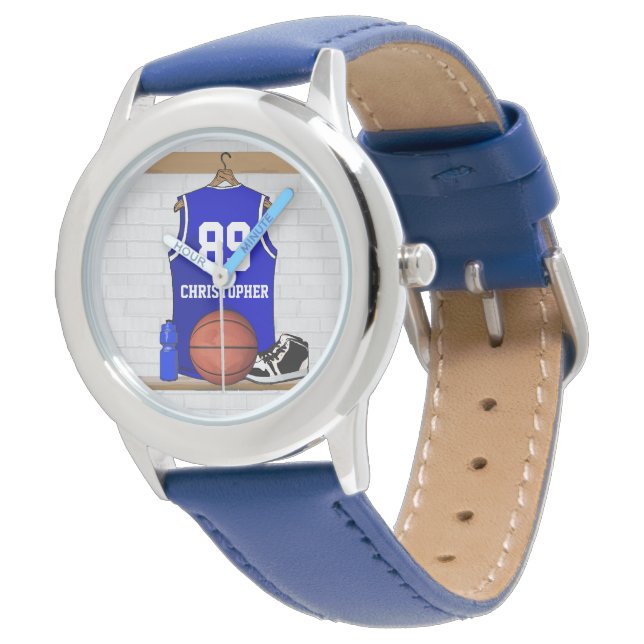 Personalized Blue and White Basketball Jersey Watch (Angled)