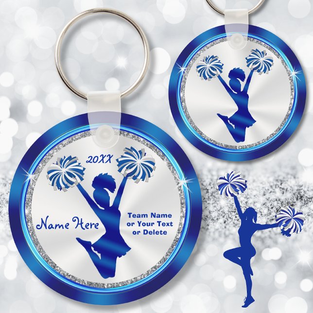 Personalized Blue and White Cheer Gifts under $5 Keychain (Cheerleading banquet ideas. Cheerleader party Favors. Personalized cheerleading keychains.)