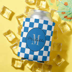 Personalized blue and white Chequerboard Pattern Can Cooler