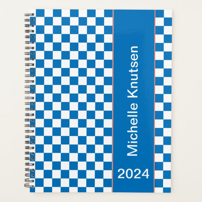 Personalized  blue and white  Chequered 2024 Planner (Front)