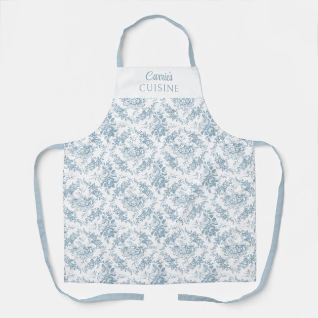 Personalized Blue and White Engraved Floral Apron (Front)