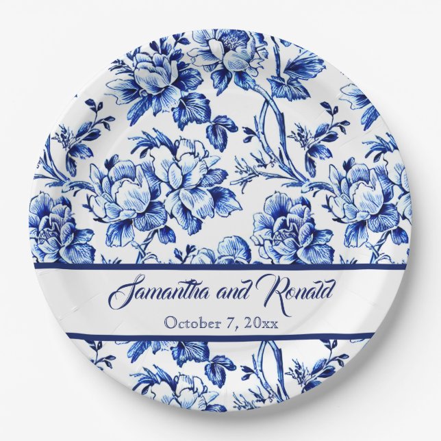 Personalized Blue and White Floral Toile Wedding Paper Plate (Front)