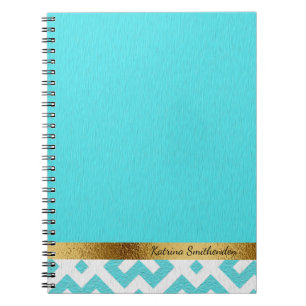 Personalized Blue and White Geometric and Gold Notebook