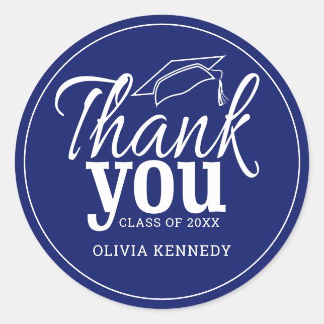 Personalized Blue And White Graduation Thank You Classic Round Sticker (Front)