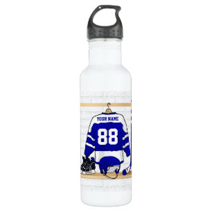 Personalized Blue and White Ice Hockey Jersey 710 Ml Water Bottle
