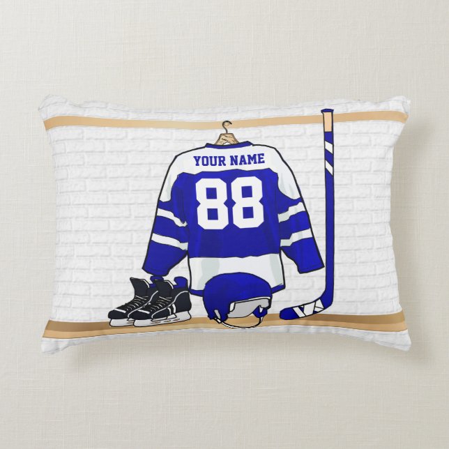 Personalized Blue and White Ice Hockey Jersey Accent Pillow (Front)