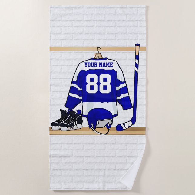 Personalized Blue and White Ice Hockey Jersey Beach Towel (Front)