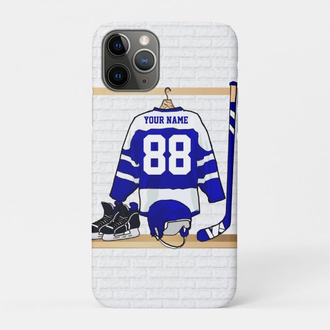 Personalized Blue and White Ice Hockey Jersey Case-Mate iPhone Case (Back)