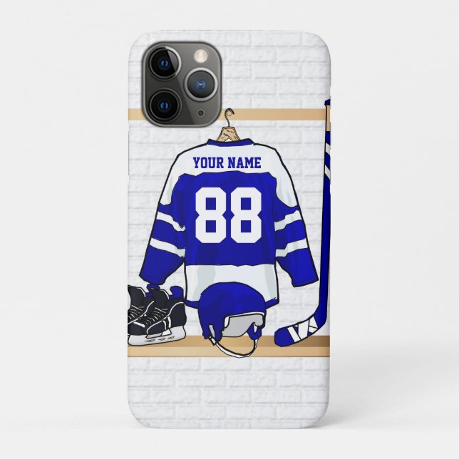 Personalized Blue and White Ice Hockey Jersey Case-Mate iPhone Case (Back)