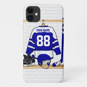 Personalized Blue and White Ice Hockey Jersey iPhone 11 Case