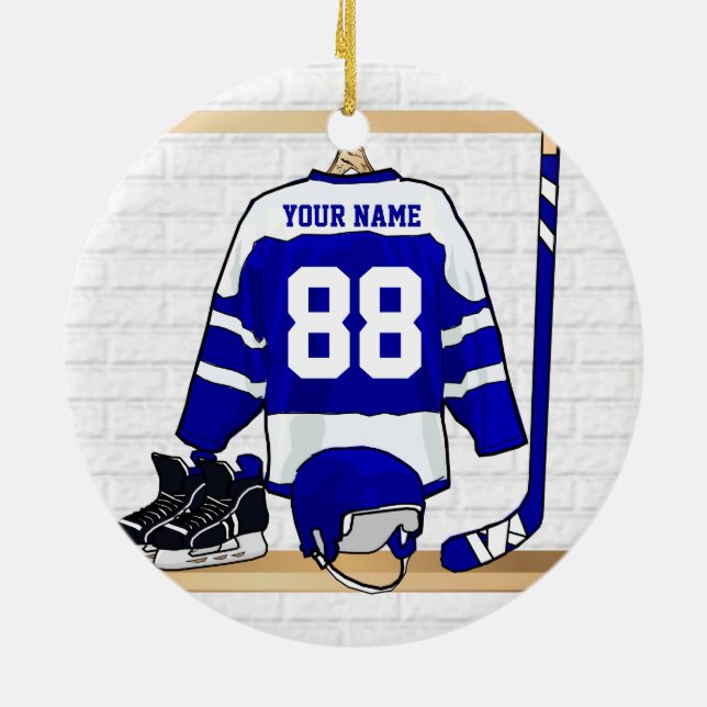 Personalized Blue and White Ice Hockey Jersey Ceramic Ornament (Back)