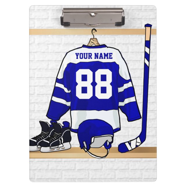 Personalized Blue and White Ice Hockey Jersey Clipboard (Front)