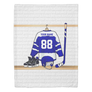 Personalized Blue and White Ice Hockey Jersey Duvet Cover