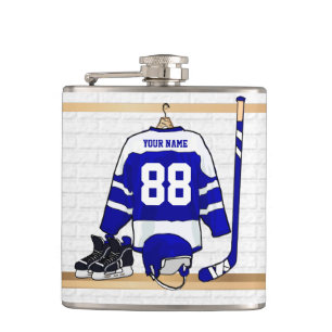 Personalized Blue and White Ice Hockey Jersey Hip Flask