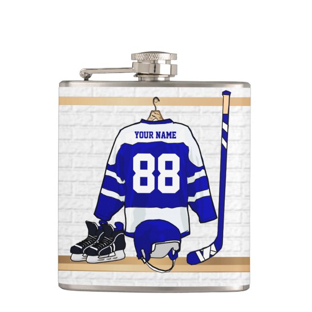 Personalized Blue and White Ice Hockey Jersey Hip Flask (Front)