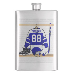 Personalized Blue and White Ice Hockey Jersey Hip Flask