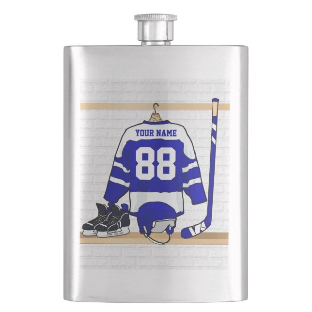 Personalized Blue and White Ice Hockey Jersey Hip Flask (Front)